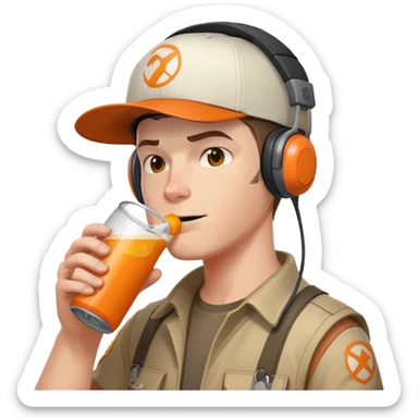 Team Fortress 2 Scout drinking BONK! Atomic Punch orange can, wearing headset and baseball cap, canonical appearance sticker