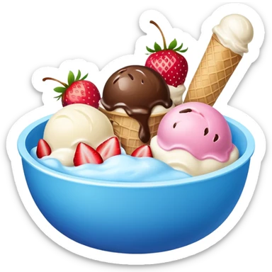 Blue bowl with 3 scoops of ice cream in it: white, brown, and pink sticker