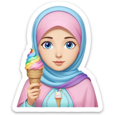 Turkish beautiful finish Konya girl blue eyes with ice cream pastel hijab islamic dress and had on her hand rainbow ice cream  sticker