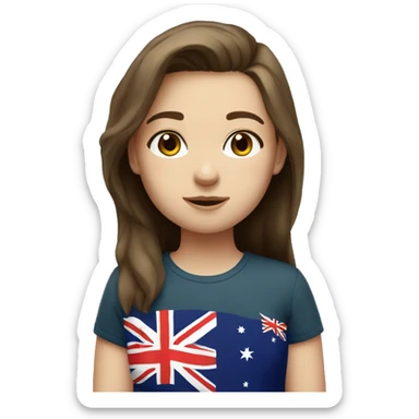an Australian  girl with brown hair, pale skin, and with a t-shirt that has an Australian flag on it sticker