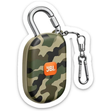 Extremely simplified JBL Clip 4, flat design with subtle camouflage pattern, single carabiner hook, iOS emoji style sticker