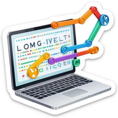 An icon featuring a colorful lines of code, brackets, and a blinking cursor, symbolizing programming. The design includes flowcharts, gear icons, and binary code, representing software development and logical problem-solving. Transparent background highlights the world of coding. sticker