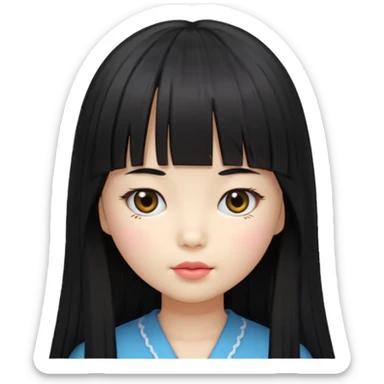 girl with long black hair, Korean style bangs, doll emoji style, head slightly tilted sticker