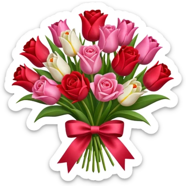 Create an bouquet with red and pink roses and tulips inside a white flower bouquet with red ribbon around it sticker