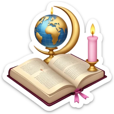 An icon featuring a holy book, a candle, and a cross, symbolizing religious studies. The design includes a globe with various religious symbols: a crescent moon and star (Islam), a lotus flower (Buddhism), representing global belief systems. Transparent background. sticker