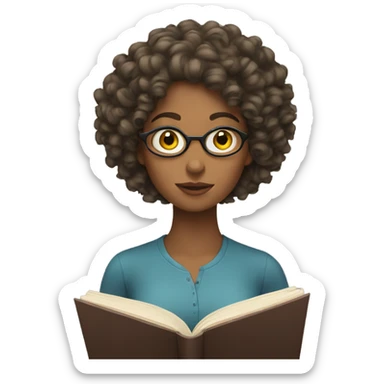 woman with curly hair reading sticker