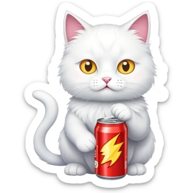 White cat with energy drink sticker