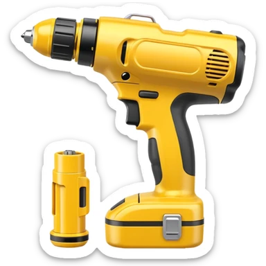 yellow cordless power drill with battery pack spinning drill bit, 3D emoji style sticker