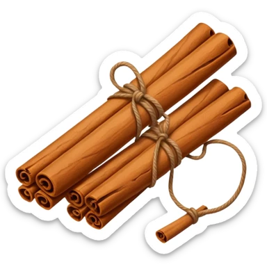 A simple, minimalist flat vector icon of two cinnamon sticks tied with a small string. Clean lines, soft brown tones, white background, high contrast, center framing. No shadows, no text, professional graphic design style. sticker