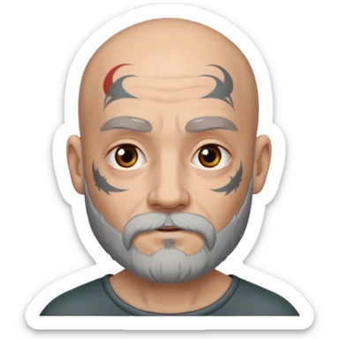 bald grey bearded man with face tattoo sticker