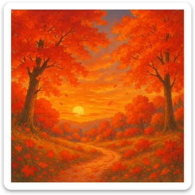 fall season sunset with vibrant autumn colors, colorful leaves, cozy atmosphere in ghibli style sticker