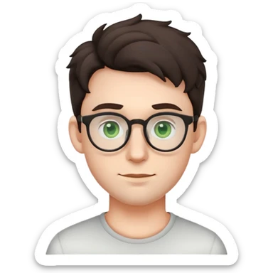 young male emoji with youthful face, poofier slightly curly dark hair, big ears, pale skin, glasses, green eyes, very light stubble sticker