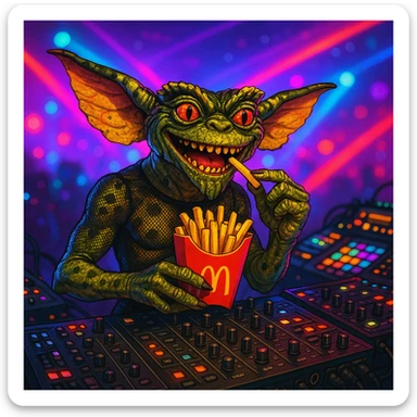 A gremlin enjoying McDonald's fries at a techno party, see-through mesh top, surrounded by electronic music equipment, colorful lights sticker