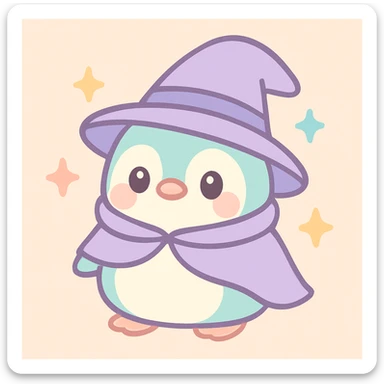 a chubby penguin with a wizard hat and cloak, surrounded by sparkles, soft rounded illustration style, kawaii style, adorable and gentle sticker