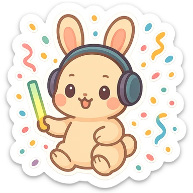 cute rave bunny wearing headphones, holding a glow wand, surrounded by confetti, festive mood sticker