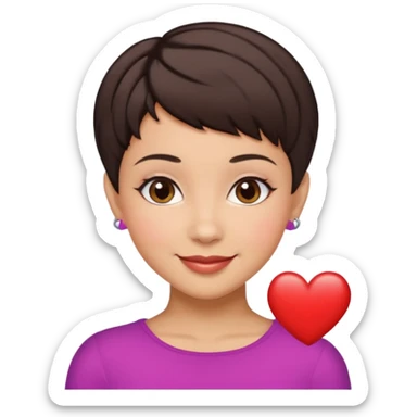 woman pixie cut dark brown hair with barrettes, hispanic, brown oval eyes, heart shaped face sticker