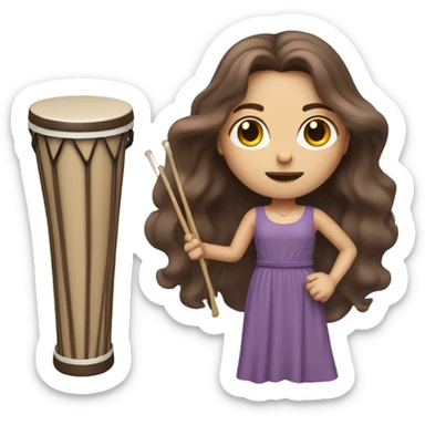 White woman standing with long flowing purple dress and long wavy brown hair holding a small handheld frame drum and a drum beater sticker