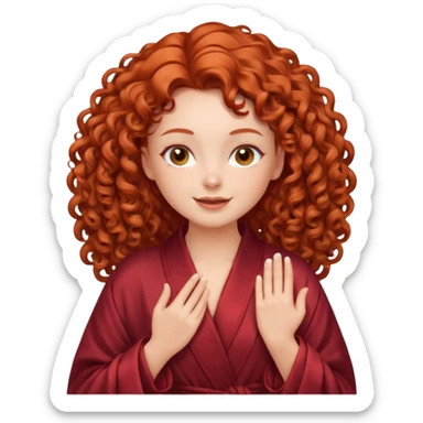 Cartoon emoji of a girl with voluminous curly red hair, fair skin, warm brown eyes. Wearing a chic milky silk robe with long sleeves, no makeup. Portrait mode, giving herself a face massage, joyful and relaxed. Smooth, simple, stylized. sticker
