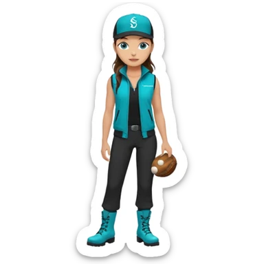 A landscaper in a beautiful turquoise jacket and turquoise boots, black pants, and a black sleeveless shirt. On his head is a black Swissotel baseball cap. The girl is a brunette with blue eyes. sticker