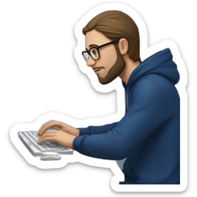 Brown hair white man with a beard and round glasses typing on apple computer wearing a dark blue nike hoodie sticker
