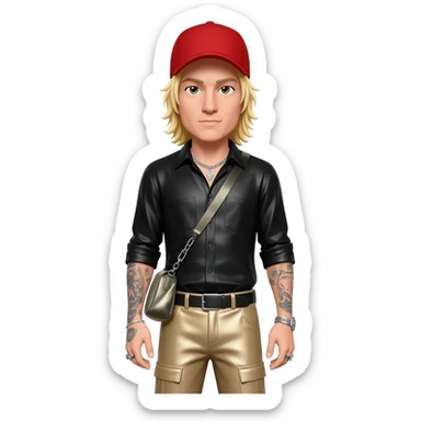 Fred Durst with blonde hair, red cap, black metallic shirt, beige metallic baggy pants, silver necklace sticker