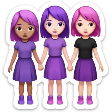 3 girls holding hand middle girl got purple hair left girl got pink hair right girl got black hair sticker