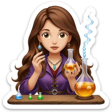 alchemist woman long wavy brown hair tattoos tasting potion drop sticker