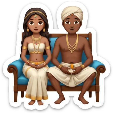 an indian bride sitting on her fathers lap. father is wearing a dhoti, shirtless and sitting on a chair sticker