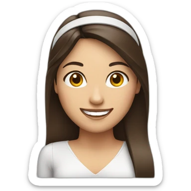 brunette woman smiling with headband at computer sticker