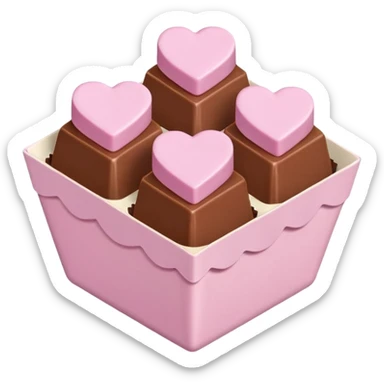 Two square milk chocolate , Each praline is a sharp-edged cube with smooth glossy chocolate coating, placed in a small white fluted paper candy cup. On top of each cube is a flat pastel pink heart-shaped icing sticker
