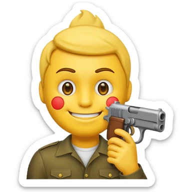 It should look like the smiling emoji with a gun to his head. The muzzle is pointed towards his face with a little distance between the muzzle and the left side of the head. It should look like he wanted to shoot himself in the head. (Ironically) sticker