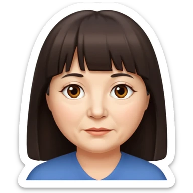 60 yr old woman, very small brown eyes, long straight dark brown hair, bangs, chubby, long face sticker