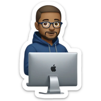 Brown short hair white man with a beard and round glasses typing on apple computer wearing a dark blue nike hoodie sticker