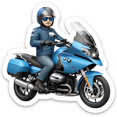 blue BMW RT1200 touring motorcycle with rider sticker