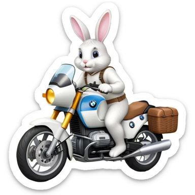 Easter bunny riding a BMW boxer motorcycle with trees and grass in the background, colorful Easter eggs hidden in the grass, and more bunnies watching from the side of the road sticker