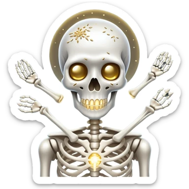 Silvery sardines, bright white yogurt, and golden sesame seeds orbiting around a glowing skeleton, with light beams connecting them to bones sticker