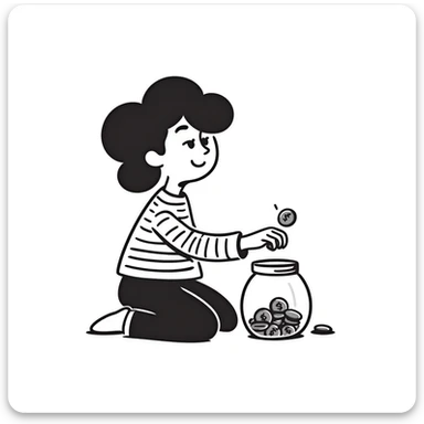 Person happily putting coins in savings jar sticker