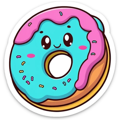 kawaii donut with rainbow sprinkles and happy face, floating in a dreamy cloud background sticker