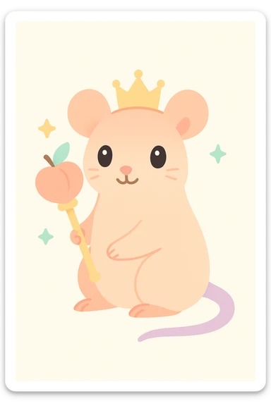 a regal rat with peach-colored fur, holding a scepter shaped like a peach, elegant and fantasy-inspired, soft pastel colors sticker