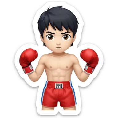 masterpiece, medium short plane, anime style, chibi, inspired by Ippo Makanouchi (Hajime no Ippo), young male boxer, short messy black hair, athletic and compact build, red boxing gloves, blue boxing shorts, big expressive eyes, clean lineart, vertical composition, TikTok avatar style,  sticker