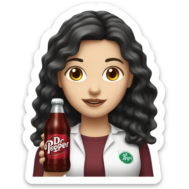 white girl with long black wavy hair holding a dr pepper  sticker