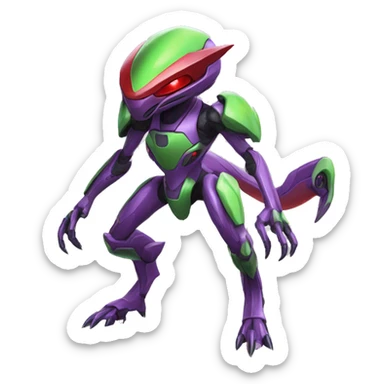 a shiny purple-green-red Genesect-Raptor-Fakémon—hybrid with a futuristic visor-helmet full body sticker