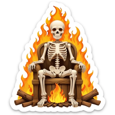 A skeleton sitting on a throne. Throne on fire around him sticker