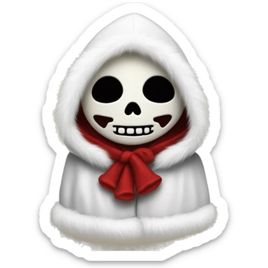 Cute, happy little skull wearing a red velvet hood with fluffy white fur trim. sticker