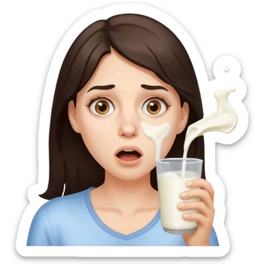 Brunette Woman with spilled milk on her face with a surprised face no glass  sticker