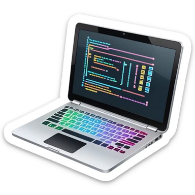 An icon featuring a laptop screen with colorful lines of code, brackets, and a blinking cursor, symbolizing programming. The design includes flowcharts, gear icons, and binary code, representing software development and logical problem-solving. Transparent background highlights the world of coding. sticker