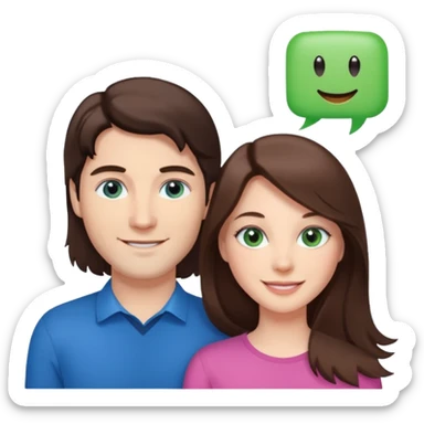 “A pink Polaroid-style photo of a couple: a white woman with long brunette hair and blue eyes, and a white man with short brunette hair and green eyes.” sticker