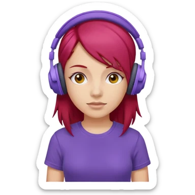 girl with purple headphones and tshirt red hair sticker