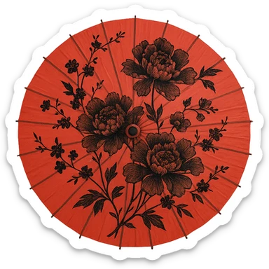 red Chinese parasol with black flowers, viewed from above, intricate floral design, minimal background sticker