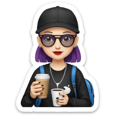 ["A happy woman with light skin, bald, wearing a baseball cap and sunglasses, dressed in goth fashion, is drinking coffee while holding a backpack."] sticker